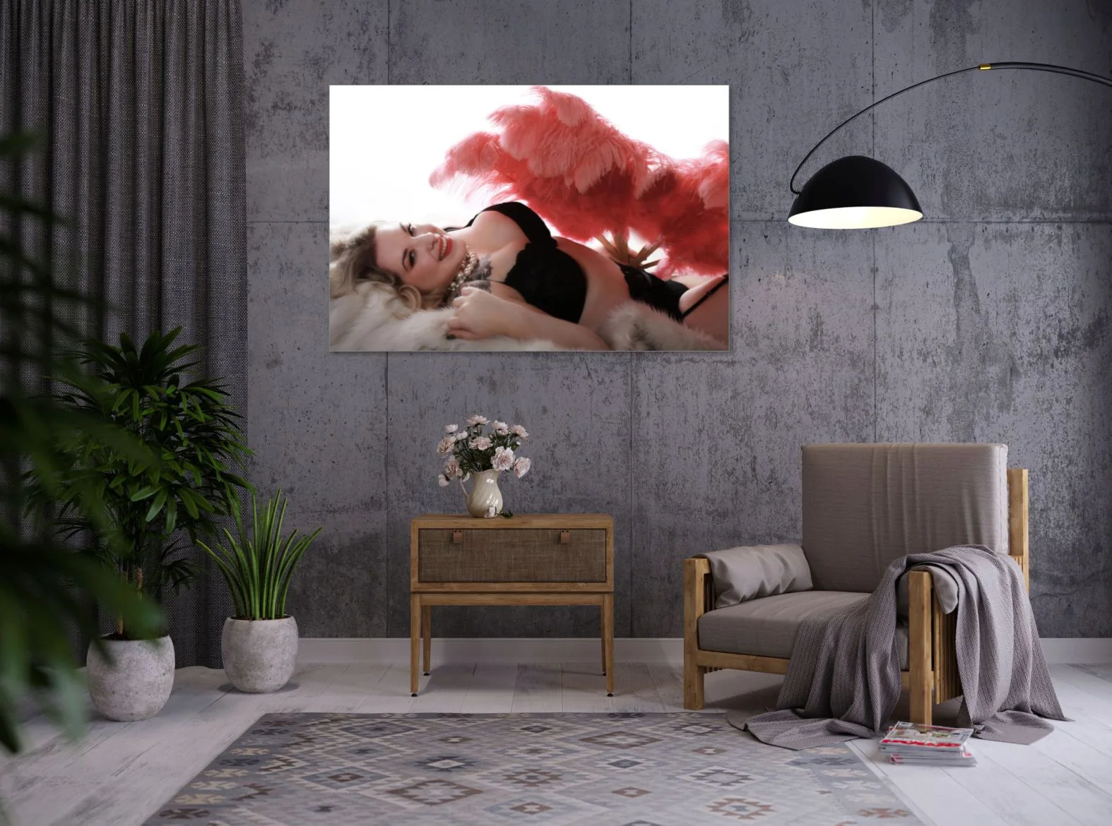 A colour portrait of a client with red feathers on a grey concrete wall above a side table
