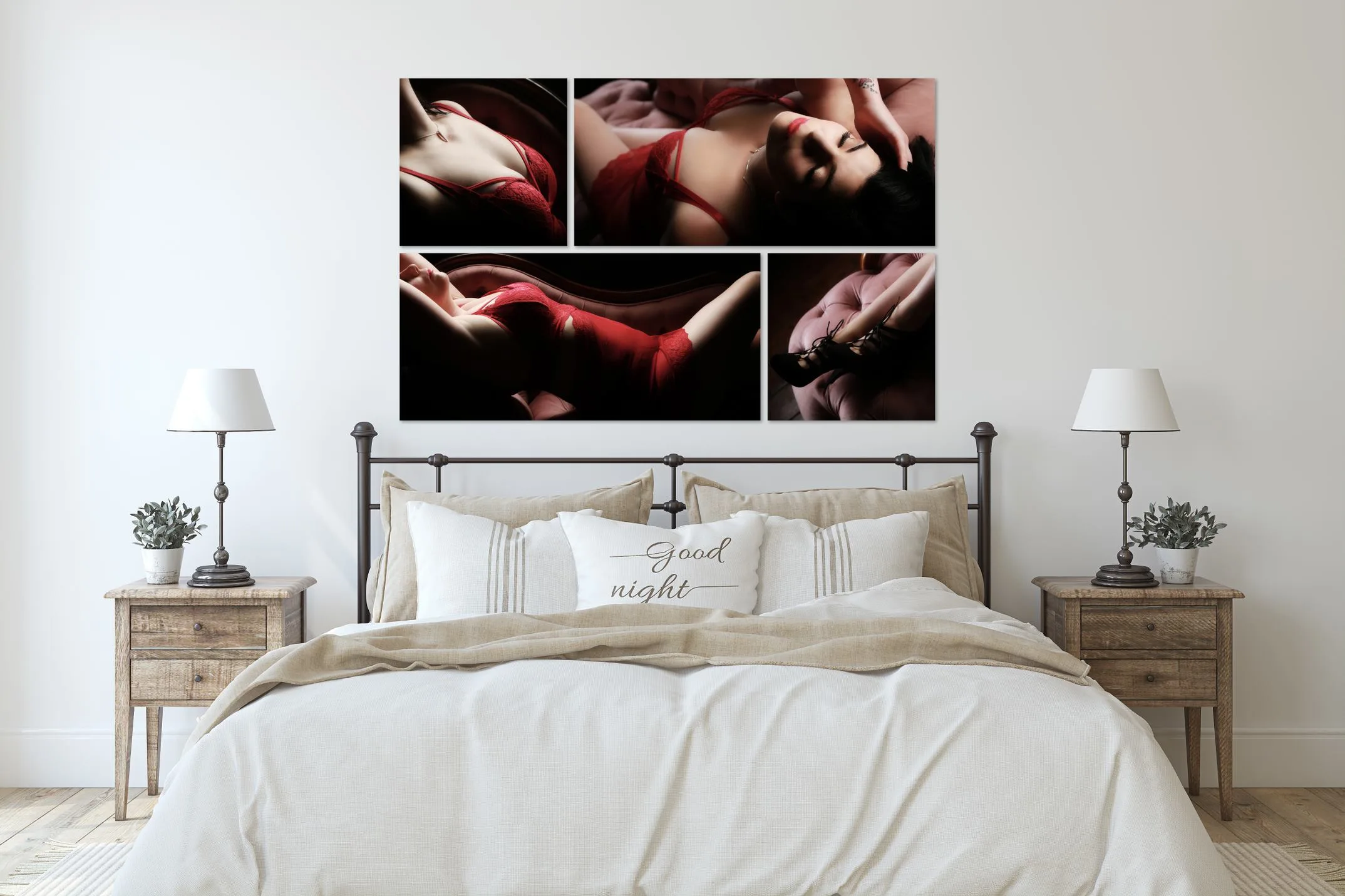 A wall collection of colour boudoir portraits above a white bed