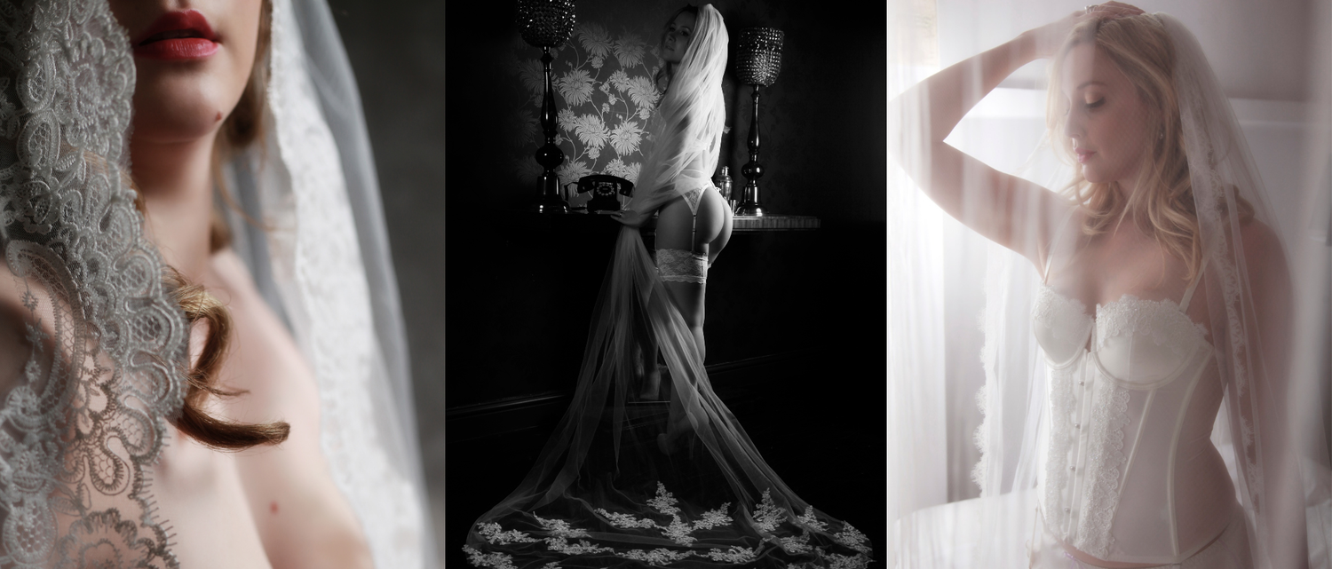 Three bridal boudoir portraits: a lace veil close up, a bride in a long veil by a vintage telephone, and a bride in a white corset at a window