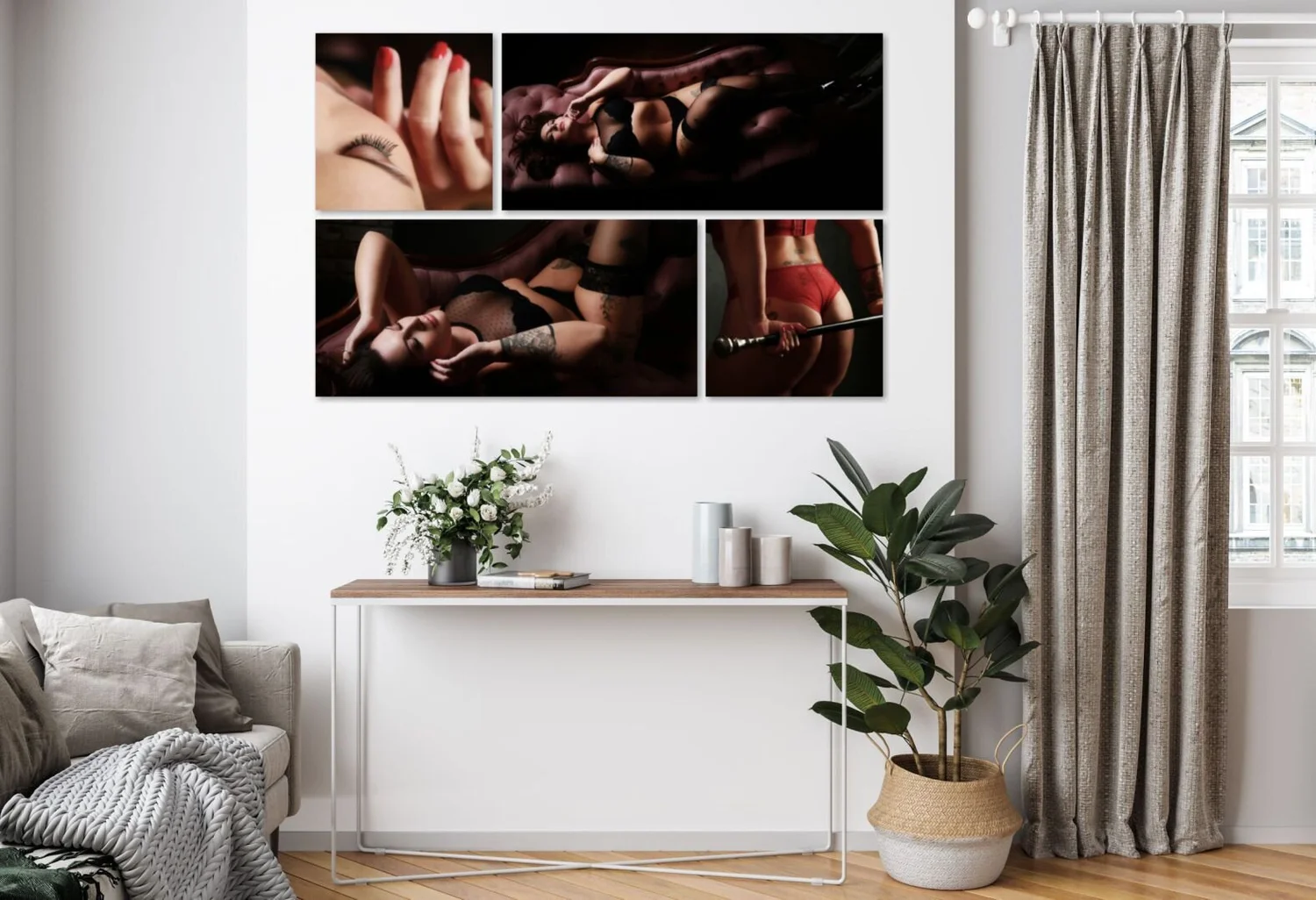 Divine Divas wall art displayed above a console table in a bright living room