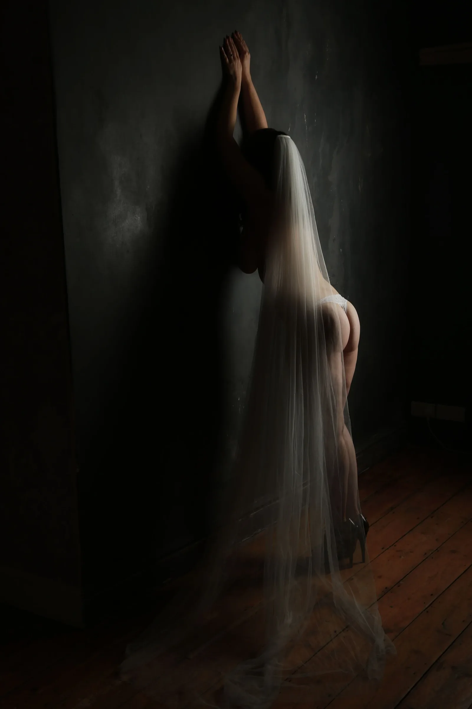 A bride standing with her back to the camera and a long veil draped over her shoulders